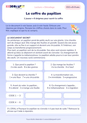 lire le cycle du papillon et résoudre six énigmes au CE2 — aperçu de la fiche CE2 à imprimer
