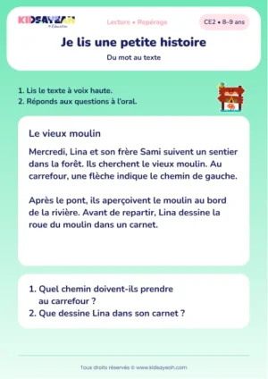 lire Le vieux moulin et répondre à deux questions au CE2 — aperçu de la fiche CE2 à imprimer