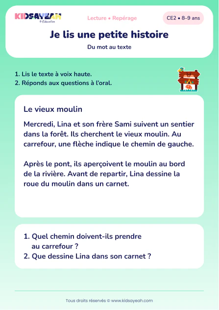 lire Le vieux moulin et répondre à deux questions au CE2 — aperçu de la fiche CE2 à imprimer