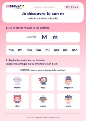 lire ma, mi, mo, mu et repérer le son m au CP — fiche CP à imprimer