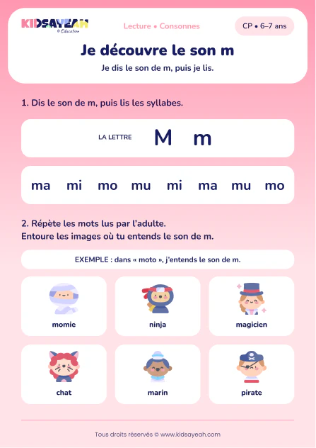 lire ma, mi, mo, mu et repérer le son m au CP — fiche CP à imprimer