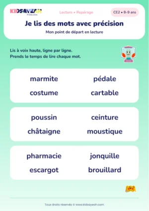 lire marmite, ceinture et pharmacie avec précision au CE2 — aperçu de la fiche CE2 à imprimer