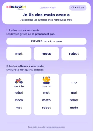 lire mot, moto et robot au CP — fiche CP à imprimer