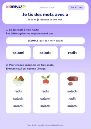 lire salami, salade et radis au CP — fiche CP à imprimer