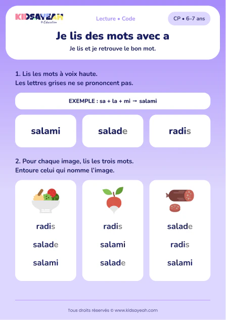 lire salami, salade et radis au CP — fiche CP à imprimer