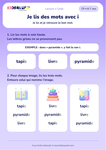 lire tapis, livre et pyramide au CP — fiche CP à imprimer