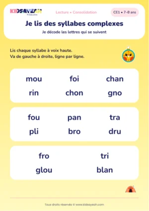 lire mou, foi, chan et des syllabes complexes au CE1 — aperçu de la fiche CE1 à imprimer