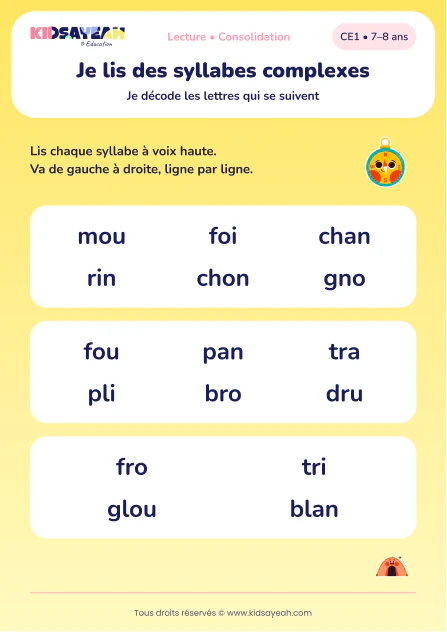 lire mou, foi, chan et des syllabes complexes au CE1 — aperçu de la fiche CE1 à imprimer