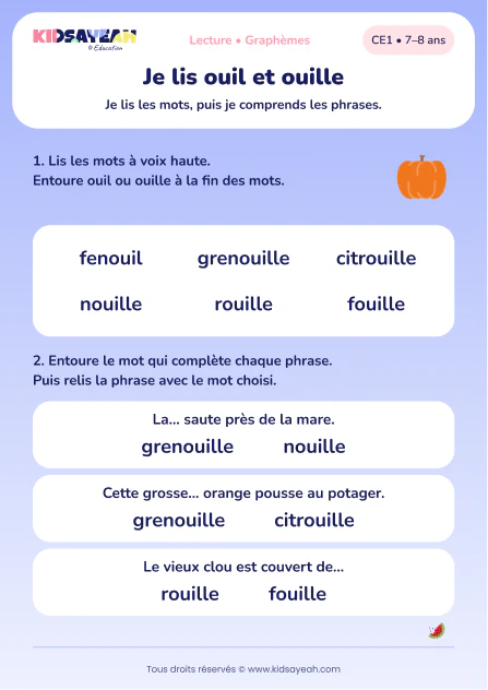 lire ouil et ouille avec grenouille, citrouille et rouille au CE1 — aperçu de la fiche CE1 à imprimer