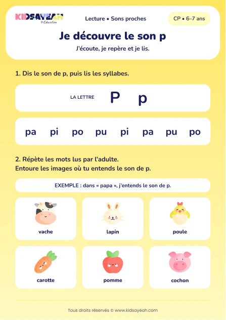 lire pa, pi, po, pu et repérer le son p au CP — fiche CP à imprimer