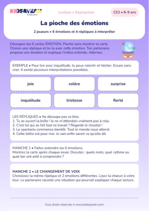 lire quatre répliques avec six émotions au CE2 — aperçu de la fiche CE2 à imprimer