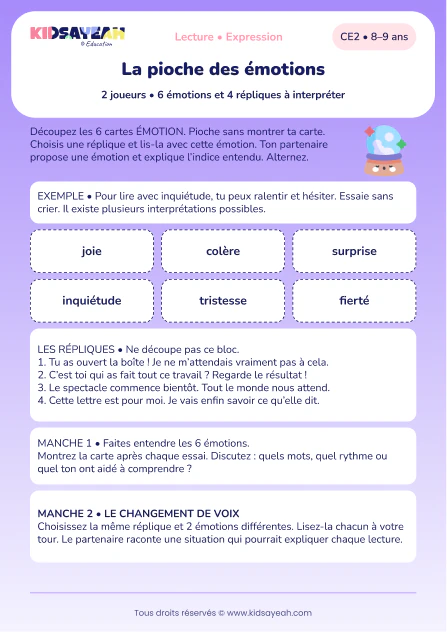 lire quatre répliques avec six émotions au CE2 — aperçu de la fiche CE2 à imprimer