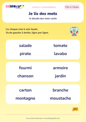 lire salade, fourmi et montagne au CE1 — aperçu de la fiche CE1 à imprimer