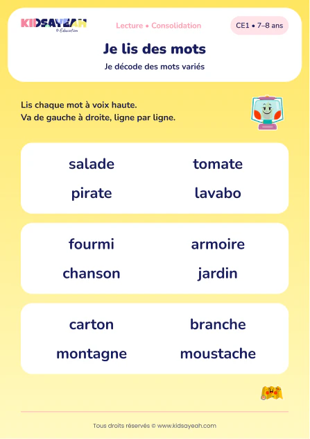 lire salade, fourmi et montagne au CE1 — aperçu de la fiche CE1 à imprimer