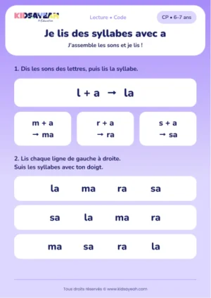 lire les syllabes la, ma, ra et sa au CP — fiche CP à imprimer