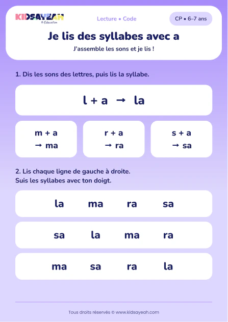 lire les syllabes la, ma, ra et sa au CP — fiche CP à imprimer