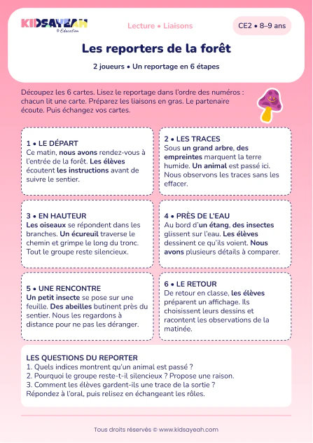 lire un reportage de forêt à deux en préparant les liaisons au CE2 — aperçu de la fiche CE2 à imprimer