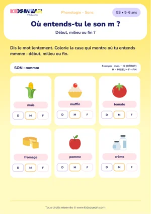 localiser le son M dans un mot en GS — fiche illustrée à imprimer