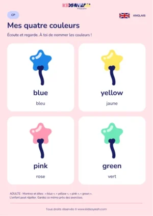 Mémoriser blue yellow pink et green au CP — leçon illustrée