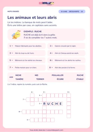 Les animaux et leurs abris : grille de mots croisés CE2, 8 mots, fiche enfant