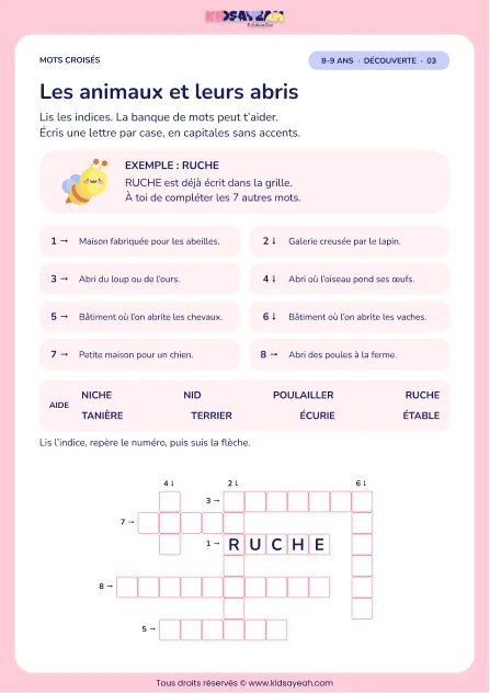 Les animaux et leurs abris : grille de mots croisés CE2, 8 mots, fiche enfant