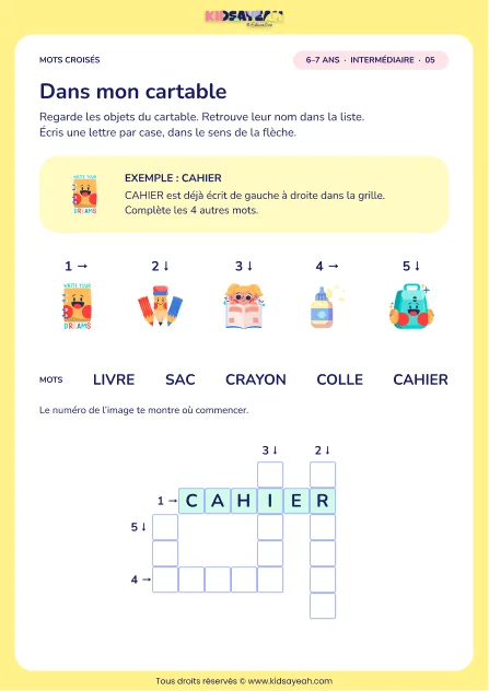 Dans mon cartable : grille de mots croisés CP, 5 mots, fiche enfant