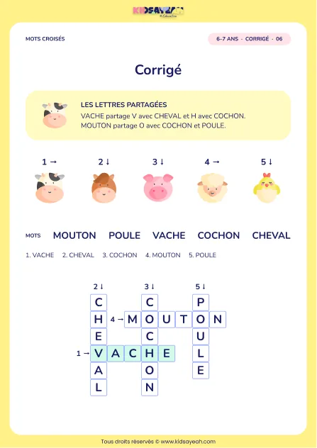 Corrigé de la grille À la ferme, mots croisés CP
