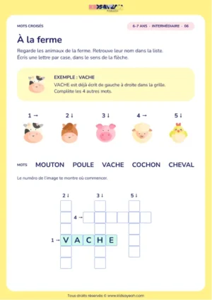 À la ferme : grille de mots croisés CP, 5 mots, fiche enfant