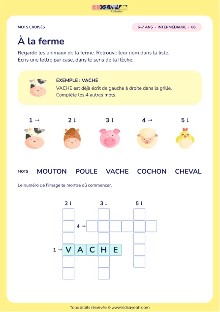À la ferme : grille de mots croisés CP, 5 mots, fiche enfant