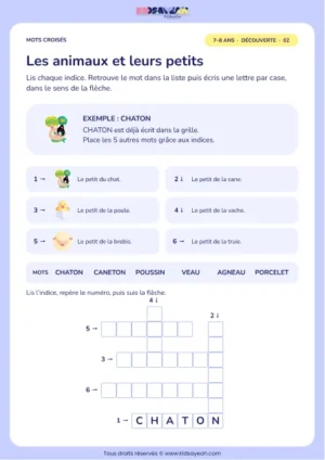 Les animaux et leurs petits : grille de mots croisés CE1, 6 mots, fiche enfant