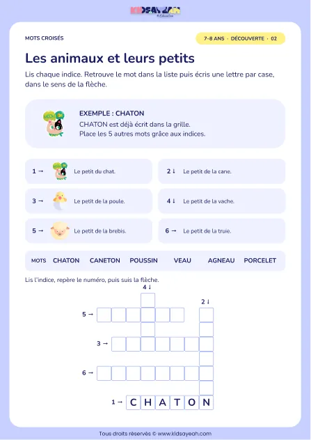 Les animaux et leurs petits : grille de mots croisés CE1, 6 mots, fiche enfant