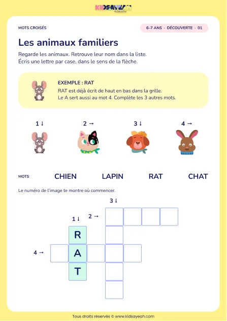 Les animaux familiers : grille de mots croisés CP, 4 mots, fiche enfant