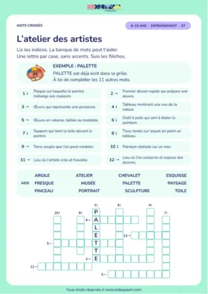 L’atelier des artistes : grille de mots croisés CM1, 12 mots, fiche enfant