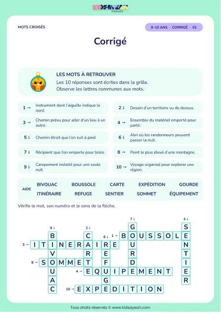 Corrigé de la grille Les aventuriers, mots croisés CM1