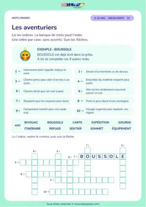 Les aventuriers : grille de mots croisés CM1, 10 mots, fiche enfant