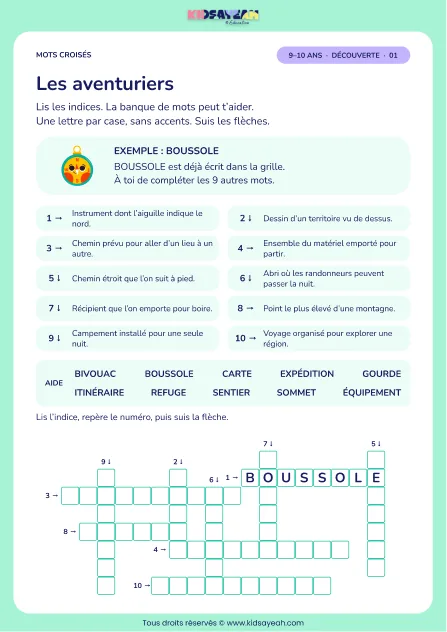 Les aventuriers : grille de mots croisés CM1, 10 mots, fiche enfant