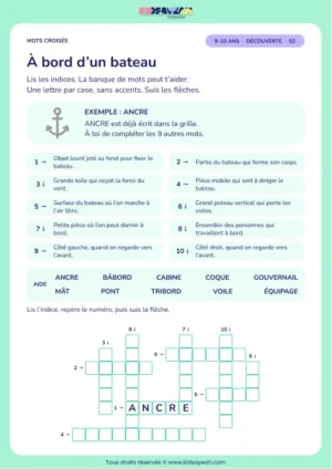 À bord d’un bateau : grille de mots croisés CM1, 10 mots, fiche enfant