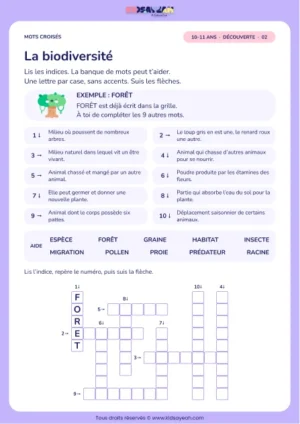 La biodiversité : grille de mots croisés CM2, 10 mots, fiche enfant