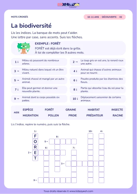 La biodiversité : grille de mots croisés CM2, 10 mots, fiche enfant