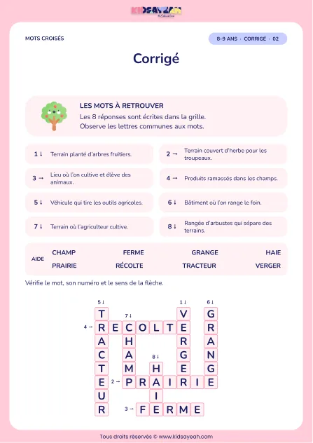 Corrigé de la grille À la campagne, mots croisés CE2