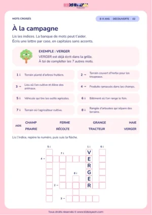 À la campagne : grille de mots croisés CE2, 8 mots, fiche enfant