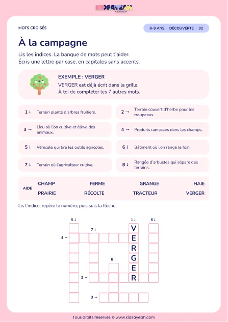 À la campagne : grille de mots croisés CE2, 8 mots, fiche enfant