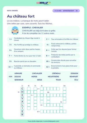 Au château fort : grille de mots croisés CM1, 12 mots, fiche enfant