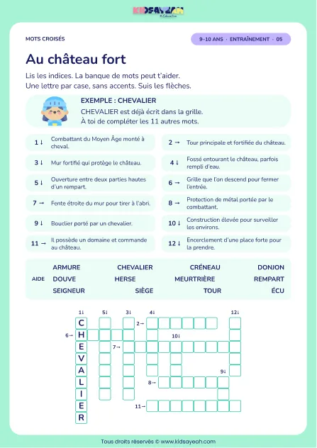 Au château fort : grille de mots croisés CM1, 12 mots, fiche enfant