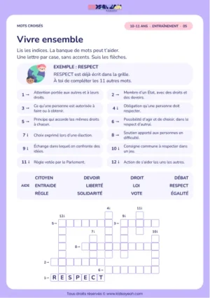 Vivre ensemble : grille de mots croisés CM2, 12 mots, fiche enfant