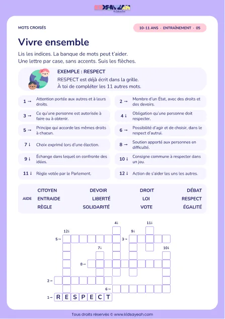 Vivre ensemble : grille de mots croisés CM2, 12 mots, fiche enfant