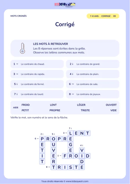 Corrigé de la grille Les mots contraires, mots croisés CE1