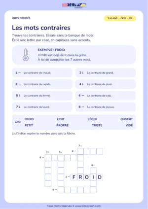 Les mots contraires : grille de mots croisés CE1, 8 mots, fiche enfant