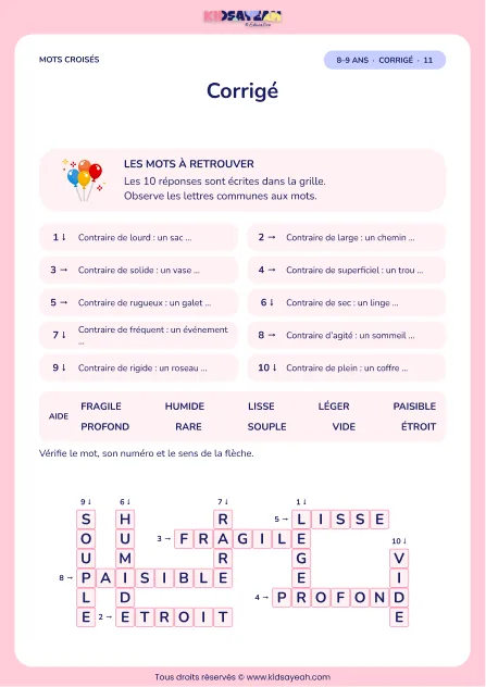 Corrigé de la grille Des contraires plus précis, mots croisés CE2