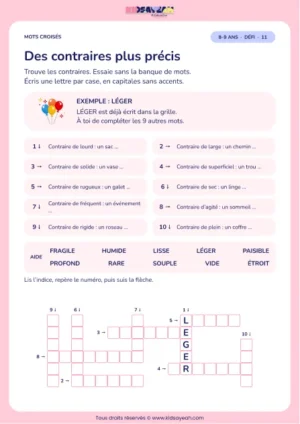 Des contraires plus précis : grille de mots croisés CE2, 10 mots, fiche enfant